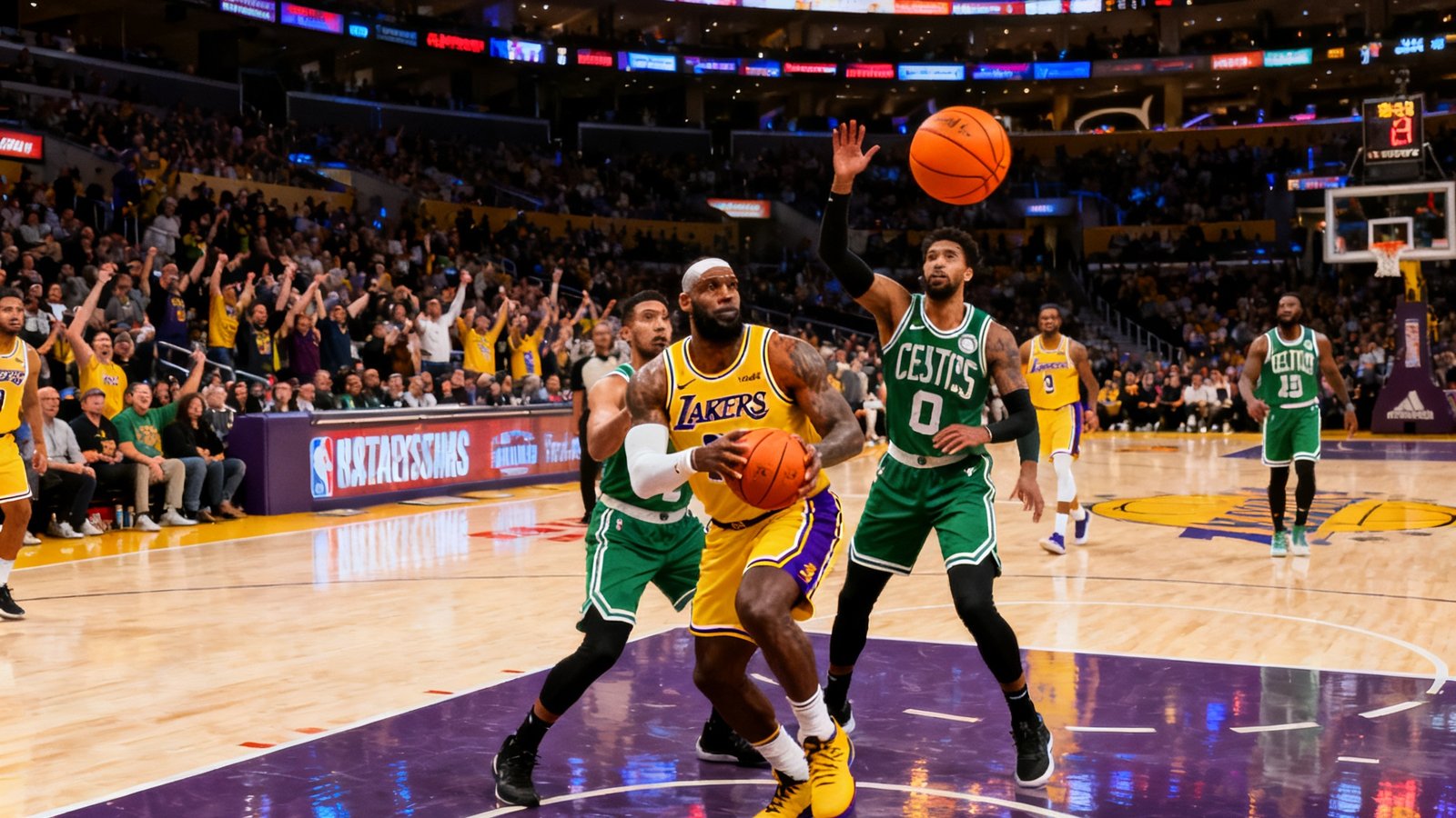 NBA高清直播：洛杉矶湖人主场斯台普斯中心，詹姆斯持球突破凯尔特人防线，橙色篮球在空中划出弧线，观众席欢呼沸腾